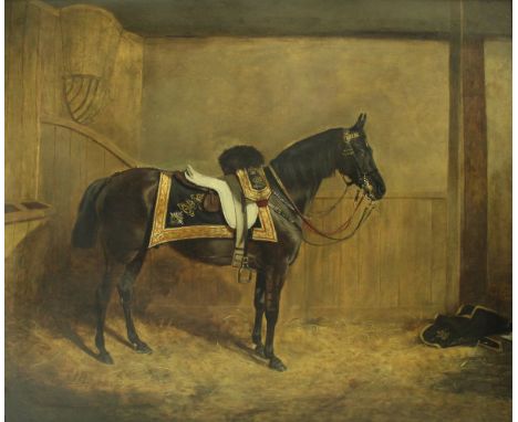JAMES WHEELER of Bath (1820-1885) "1st Life Guards 1875", study of a horse in stable in 1st Life Guards regalia, oil on canva