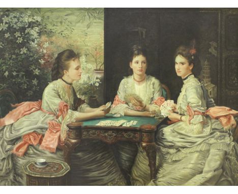 AFTER SIR JOHN EVERETT MILLAIS "Hearts are trumps", three young ladies playing cards,  a 20th Century study, oil on canvas, u