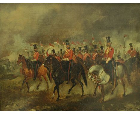 19TH CENTURY ENGLISH SCHOOL "The 16th (The Queen's) Lancers", oil on canvas, unsigned, titled to brass plaque, bears "The Par