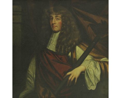 SCHOOL OF SIR GODFREY KNELLER (1646-1723) "Gentleman with curled wig with lace collar and red cloak, a black rod in his left 