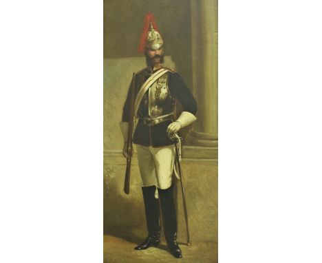 ALFRED F DE PRADES (Fl. 1844-89) "Royal Horse Guards", study of Guardsman in uniform by column, oil on board, signed lower le