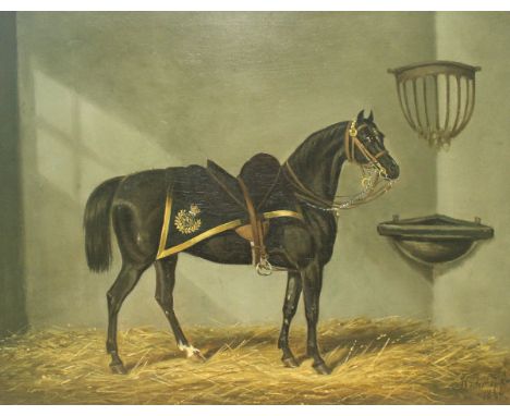JAMES LODER (1784-1860) "Saddled hunter in a stable wearing military blanket", oil on canvas, signed and dated 1846 lower rig