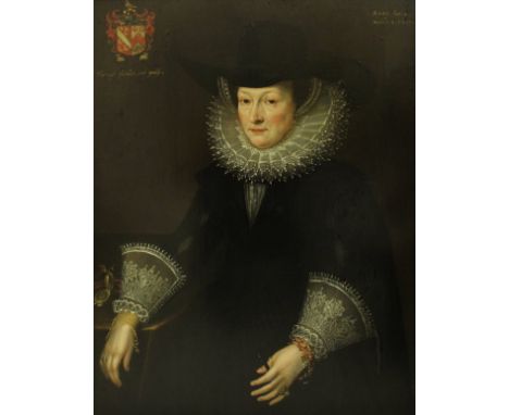 17TH CENTURY ANGLO DUTCH SCHOOL "Lady seated wearing a wide brimmed black hat with lace ruff and cuffs, coral and pearl beads