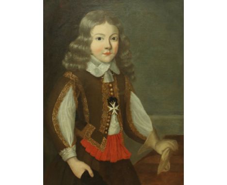 18TH CENTURY ENGLISH SCHOOL "Young boy in lace trimmed jacket with gold braid wearing white enamel cross pendant, gloves in h