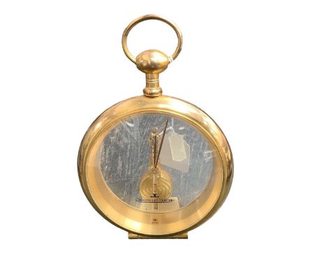 Jaeger Le Coultre brass and glass cased desk clock in the form of an oversized pocket watch