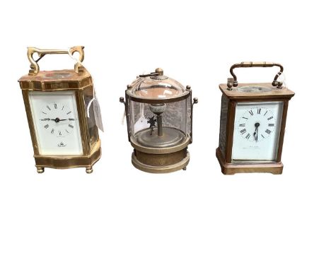 Two brass cased carriage clocks and a novelty clock with mechanical fish (3)