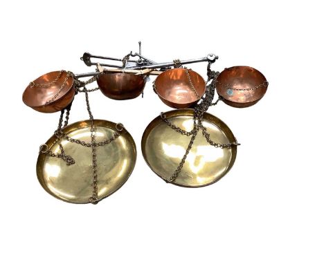 Three sets of antique balance scales, including two sets of copper scales (one by Parnall &amp; Sons and with VR registration