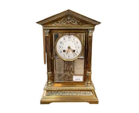 Edwardian French brass mantle clock in temple-shaped case with painted enamel dial, 35.5cm highGood running condition, all gl