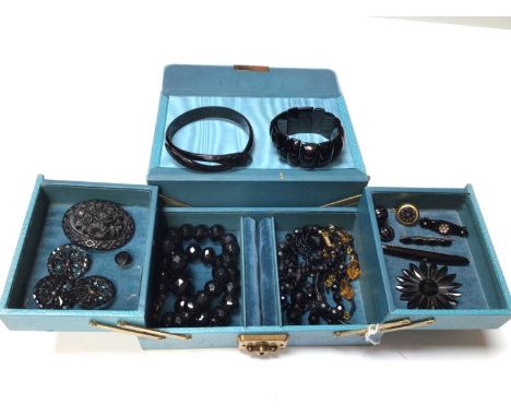 Collection 19th century French &amp; Whitby jet jewellery including faceted bead necklaces, snake bangle, carved brooch etc