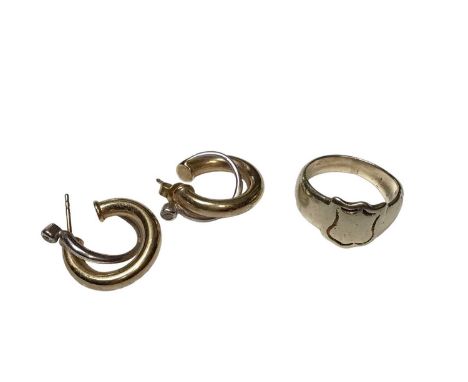 Pair of yellow and white gold double hoop earrings (each stamped 585) and a signet ring, size REach earring is marked 585 on 