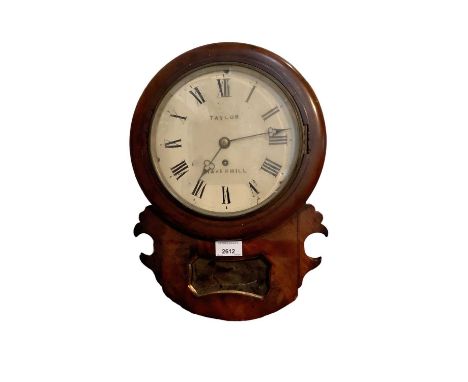 Victorian mahogany drop dial wall clock by Frederick Taylor of Haverhill, Suffolk, circa. 1855 - 1864, with key and pendulum.