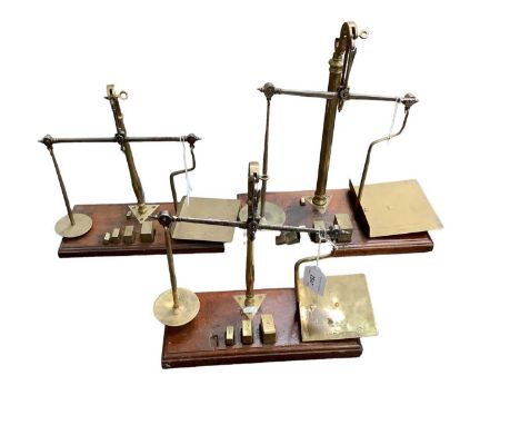 Three sets of De Grave, Short &amp; Fanner brass and mahogany postal scales, including one with GPO stamp