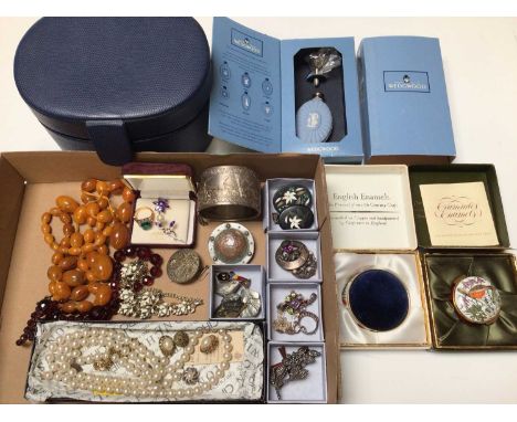 Group of costume jewellery and bijouterie including silver brooches, silver gem set pendant, white metal hinged bangle with e