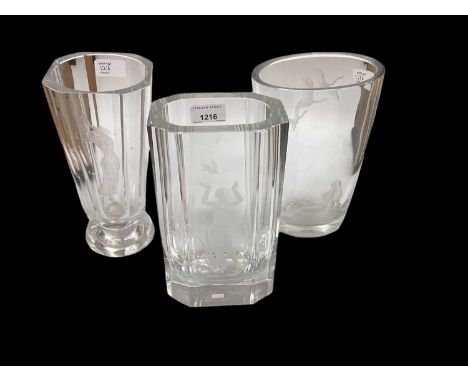 Three mid century Orrefors glass vase with etched nude female decoration, all signed