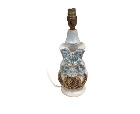 Bernard Rooke pottery lamp with butterfly and abstract decoration, 31cm high including brass fitting
