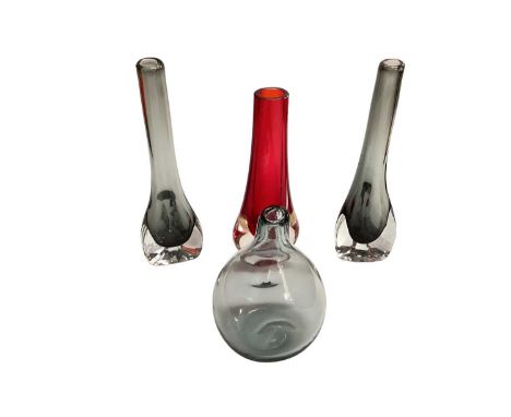 Two Whitefriars tricorn vases, together with a dimple vase and a Ruby hambone vase (4)