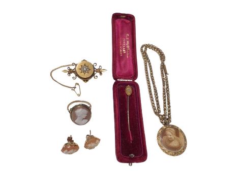 Victorian yellow metal and seed pearl brooch with glazed compartment to reverse, Victorian 15ct gold stick pin, 9ct gold moun