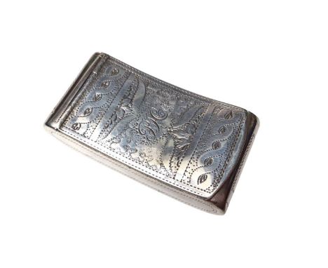George III silver snuff box of curved rectangular form with bright cut engraved decoration, hinged lid opening to reveal gild