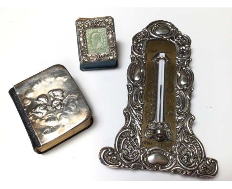 Silver mounted thermometer by Dollond, London, together with a silver mounted stamp box and silver mounted miniature bible (3