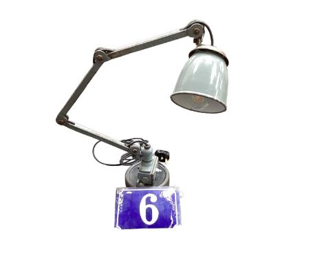 Vintage industrial style enamelled angle poise lamp, and an enamel sign, possibly a railway carriage sign (2)