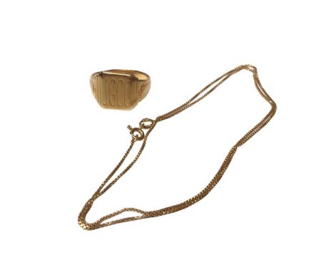 18ct gold chain, 44cm long and an 18ct gold signet ring (2)Total weight 10.4 grams