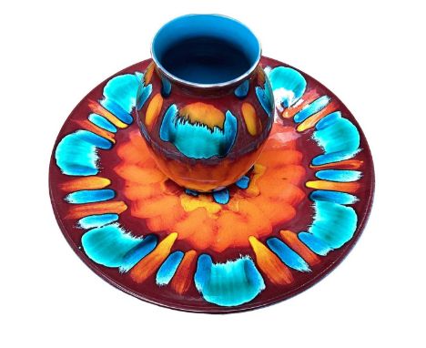 Selection of Poole pottery including Volcano range charger, 41cm diameter, matching vase, 20cm high, two Delphis vases and on