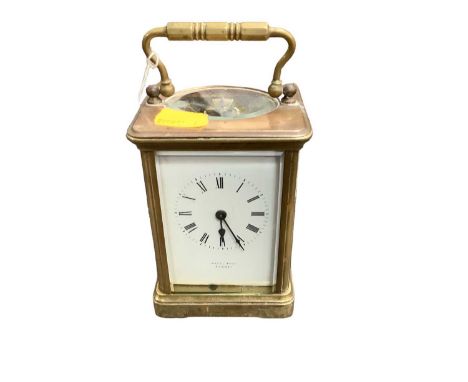 Brass carriage clock with key, retailed by Hardy Bros Sydney, 13cm high