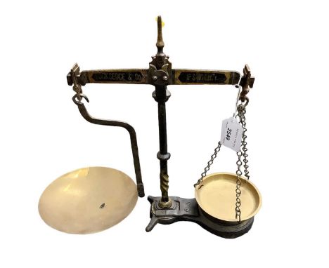 Local interest: set of cast iron and brass shop scales with gilt lettering for 'Cocksedge &amp; Co. Ipswich', 32cm high