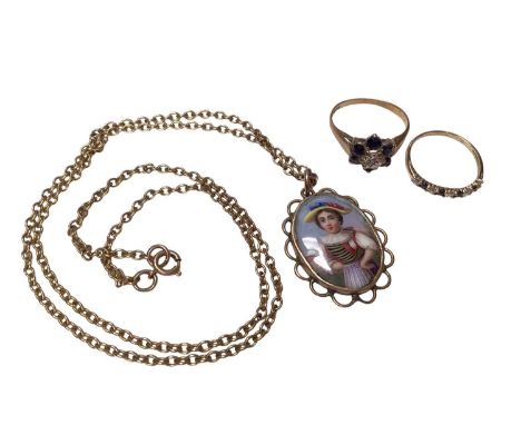 Enamelled oval female portrait pendant on 9ct gold chain, together with a 9ct gold sapphire and diamond cluster ring, size O 