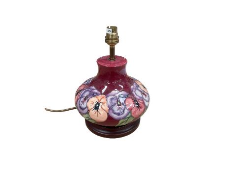 Moorcroft Pottery pansy pattern table lamp, 26cm high including brass fitting