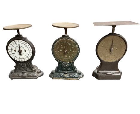 Three sets of Salter's letter balance scales, including one with enamel dial