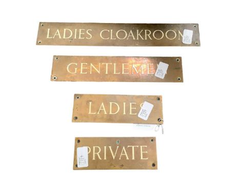 Four vintage brass and enamel signs: Ladies, Gentlemen, Private, and Ladies Cloakroom