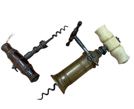 19th century brass and bone Thomason type corkscrew, and another antique corkscrew (2)