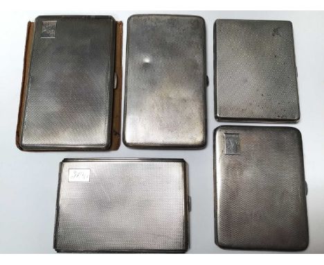 1930s Asprey silver cigarette case and four other silver cigarette cases, all with engine turned decoration (5)