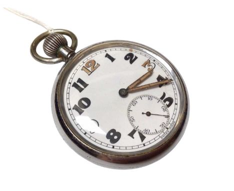 Military G.S.T.P pocket watch with white dial, Arabic numerals and subsidiary seconds in a plated case, 50mm diameter, engrav