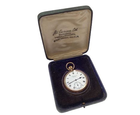 9ct gold open faced pocket watch by J. W. Benson, London, white enamel dial with Roman numerals, blued steel hands and subsid