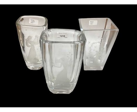 Three mid century Orrefors glass vases with etched female decoration, all signedPhoto 2 is 23cm highPhoto 3 is 22cm high Phot