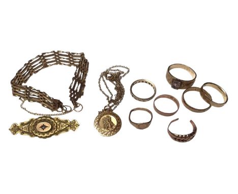 Group of 9ct gold jewellery to include seven rings, Victorian brooch, gate bracelet (lack the padlock clasp) and a St. Christ
