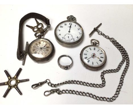 Two silver fob watches, Cyma plated pocket watch, silver watch chain and a silver buckle ring