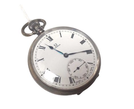 1920s Omega silver cased pocket watch with circular white enamel dial, subsidiary seconds dial and Roman numeral markers in s