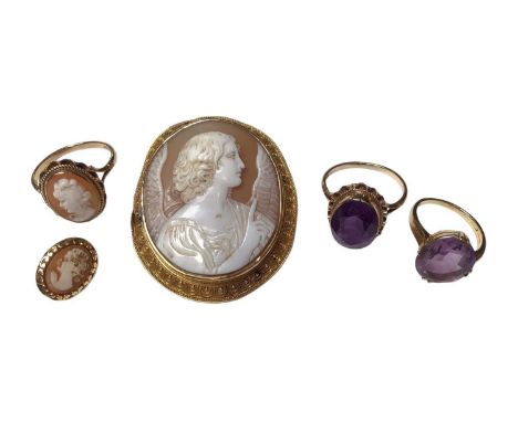 Two 9ct gold amethyst rings, 9ct gold cameo ring, one cameo earrings and a cameo brooch depicting an angel in a yellow metal 