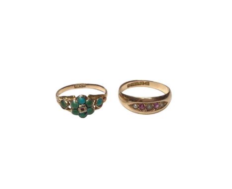 Two Victorian 15ct gold rings to include a garnet and seed pearl ring (Chester 1886), size O and a Victorian turquoise cluste