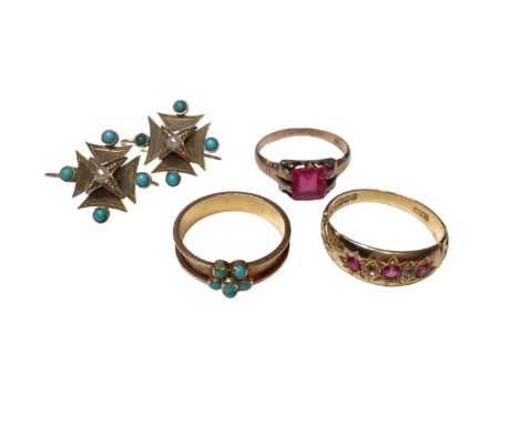 Pair of antique turquoise and seed pearl earrings, Victorian yellow metal turquoise flower head ring, 9ct gold gem set gypsy 