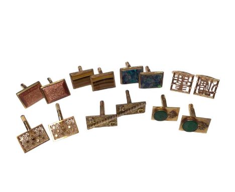 Seven pairs of 1970s Chinese gold mounted and gem set cufflinksThree pairs (goldstone, green hard stone/jade and pierced char