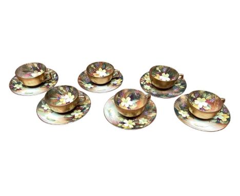 Set of six Royal Worcester flower painted cups and saucers, signed by TwinAll in very good condition apart from one saucer wh