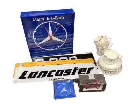 Group of Mercedes - Benz related collectables to include cups and saucers, dealership clock, sales brochures and show plates