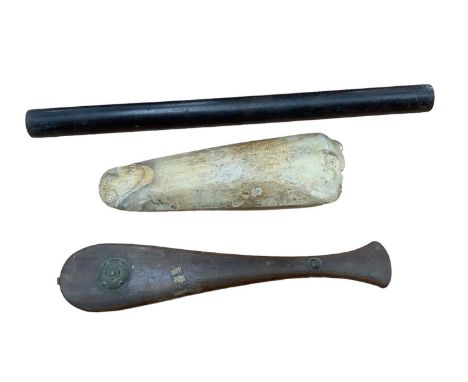 Neolithic polished hand axe, together with a set of Chinese opium scales and an ebony blotter roller, (3).