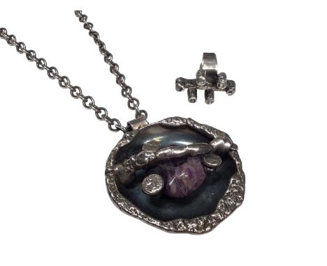 Jacob Hull Danish silver plated abstract pendant mounted with an amethyst to the centre, 6cm diameter, on a plated chain appr