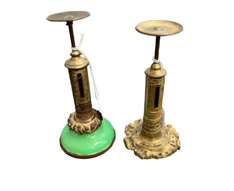 Two Victorian gilt metal stick postal scales, one by Joseph &amp; Edmund Radcliffe, the other with green uranium glass base a