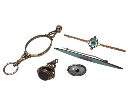 Victorian gilt metal revolving fob, Edwardian gold and blue stone bar brooch, Victorian gilt metal lorgnettes and two silver 